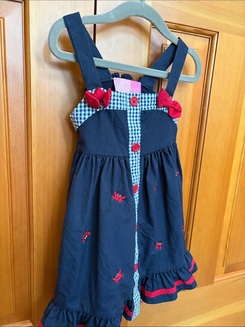 Good Lad Navy and Red Embroidered Gingham-Trim Nautical Dress 3T EUC